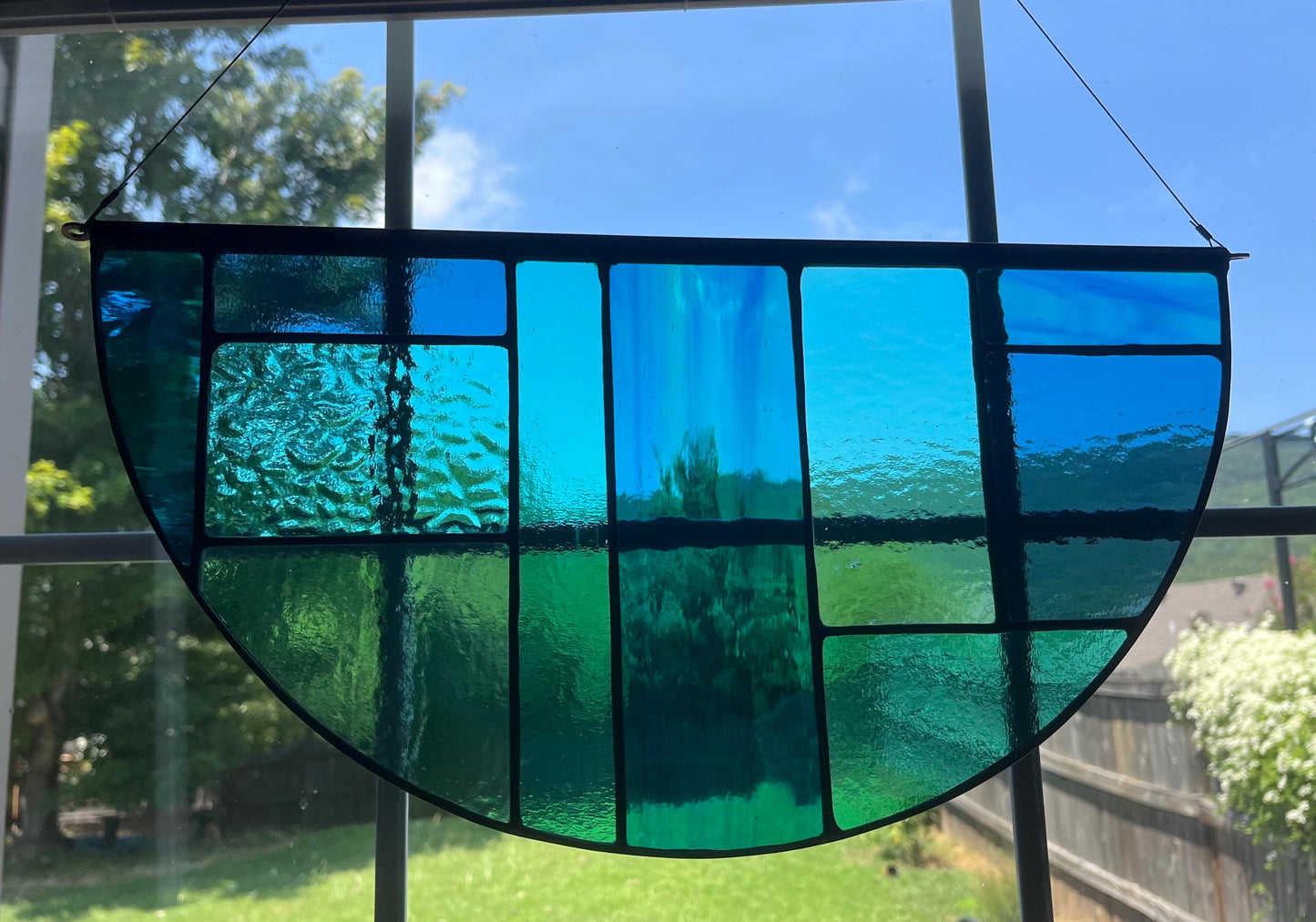 Stained Glass Geometric semicircle panel - Blues and Aqua