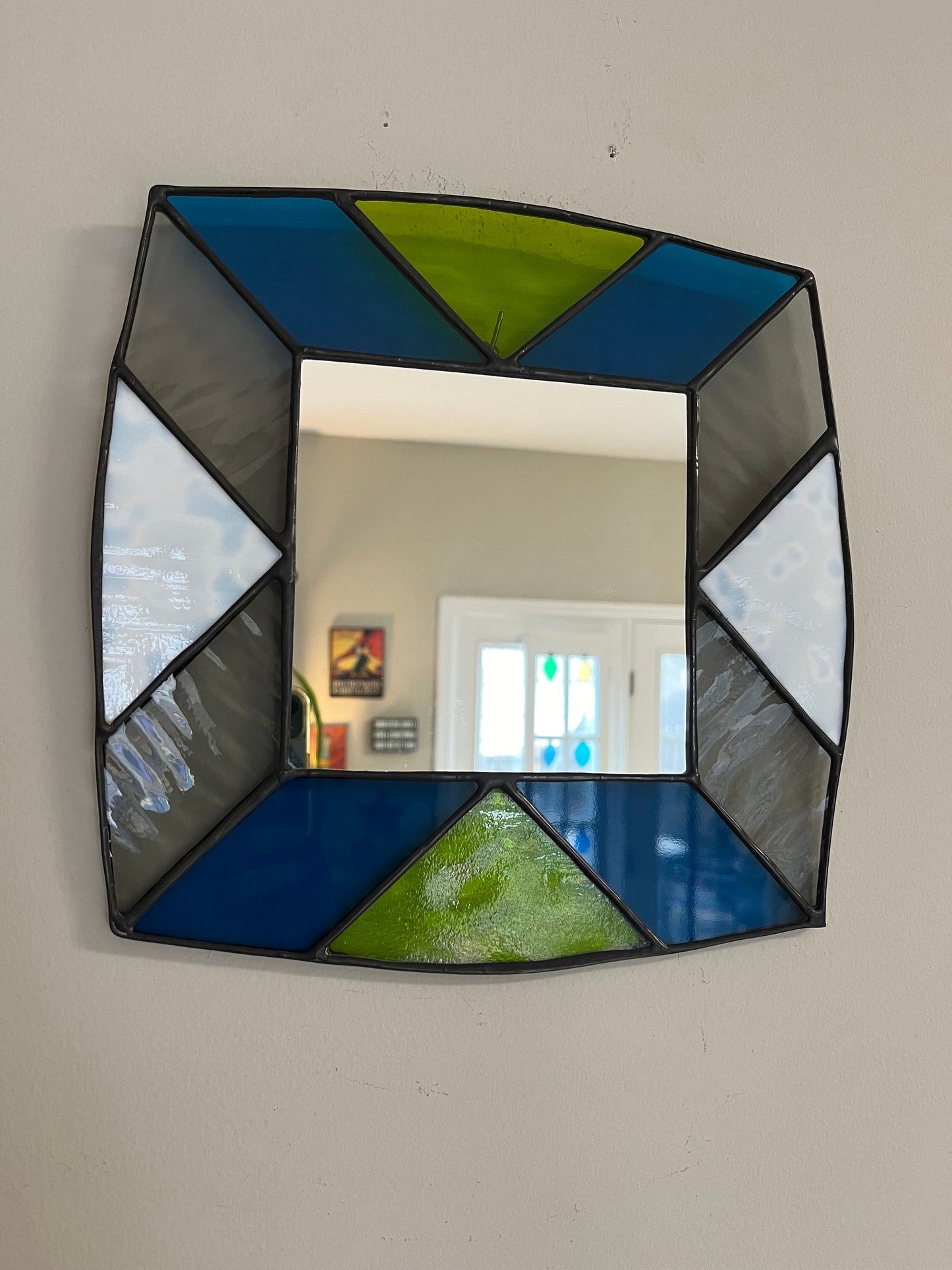 Handmade Stained Glass Mirror: Turquoise, Lime Green, Gray, and White
