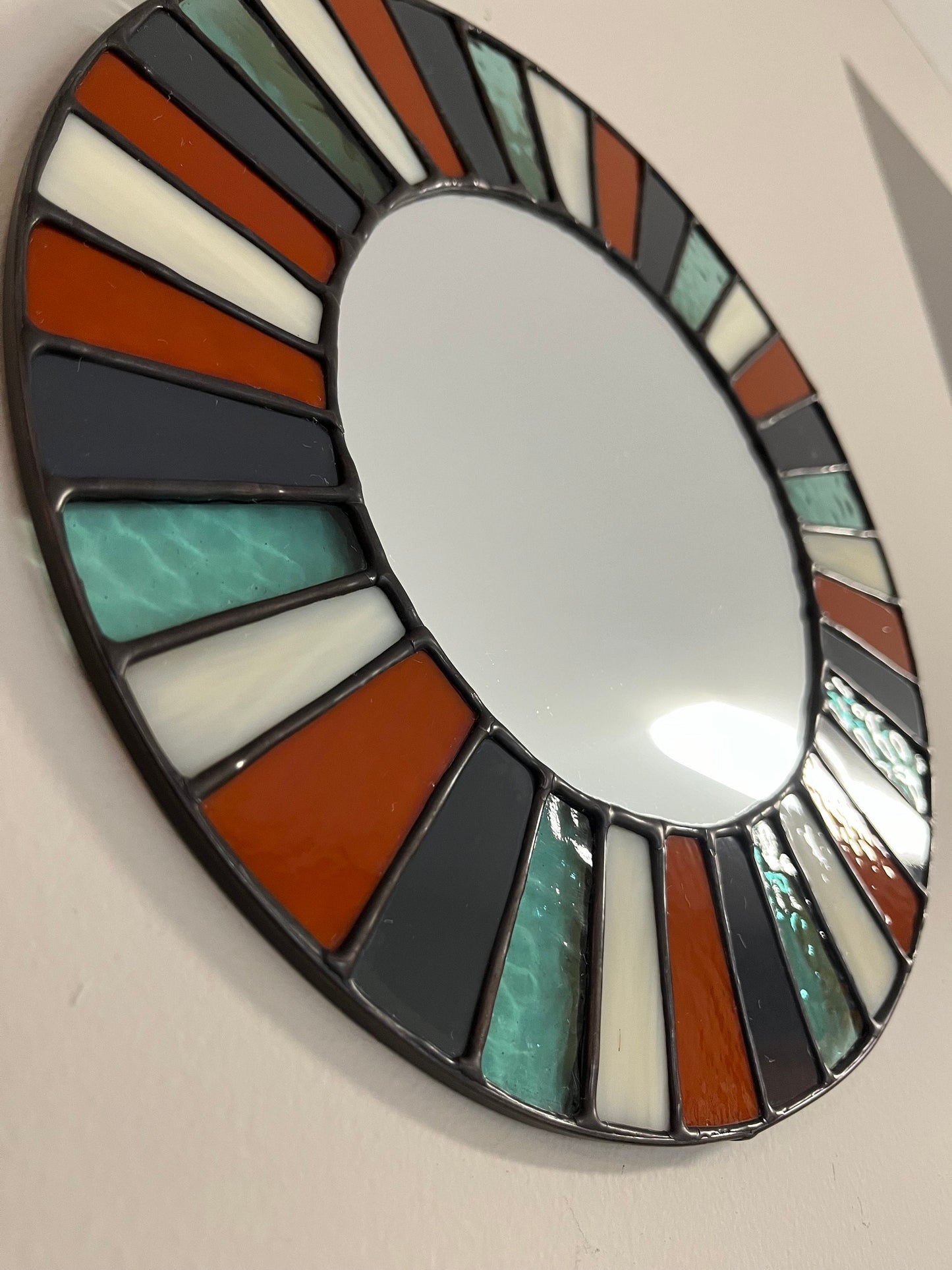 Stained Glass Mirror- Terra Cotta , Charcoal, Bone and Blue Multi Color Boho Mirror