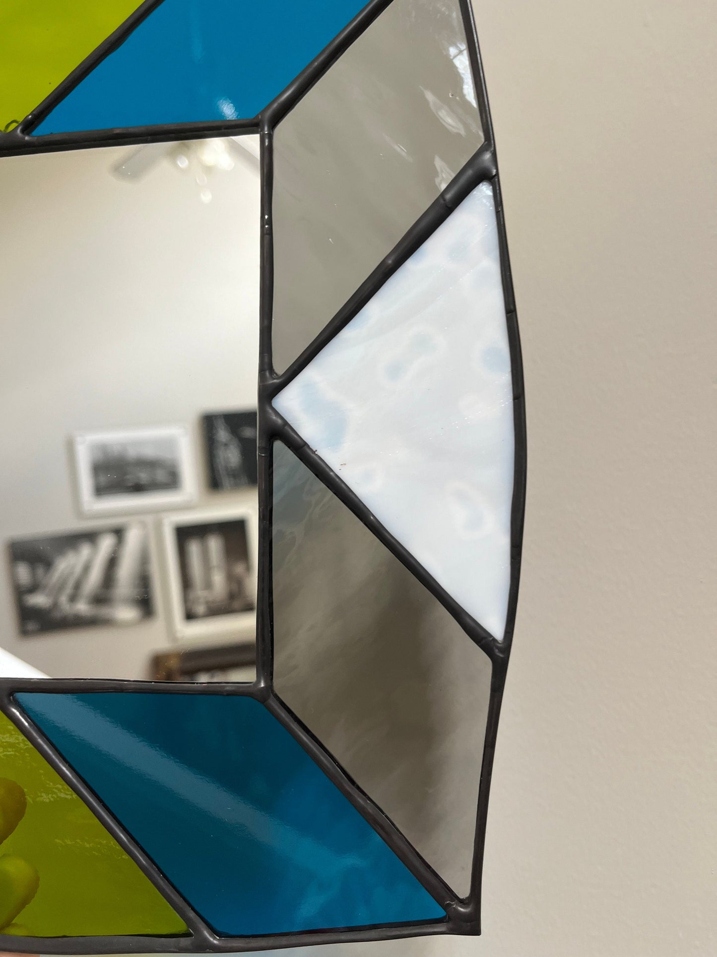 Handmade Stained Glass Mirror: Turquoise, Lime Green, Gray, and White