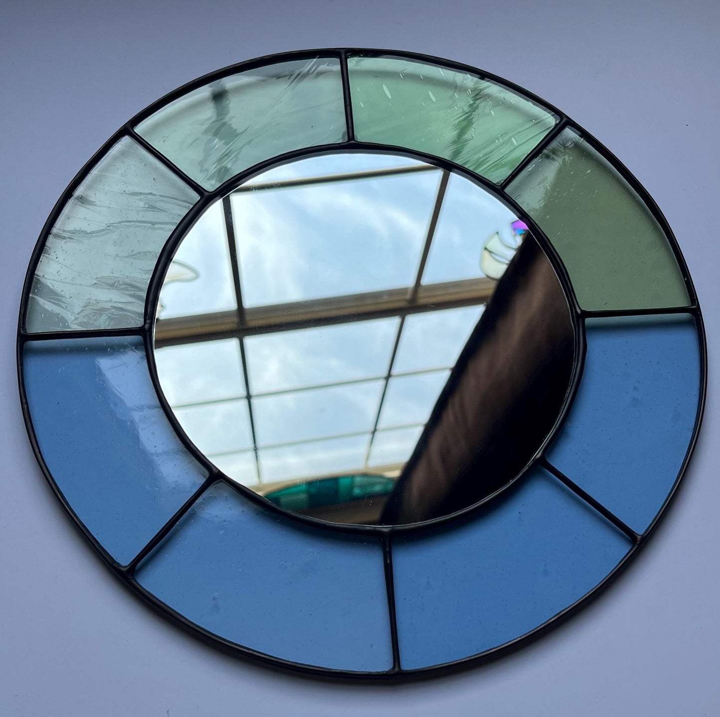 The Blue One- Stained glass mirror- pastel shades blue and green