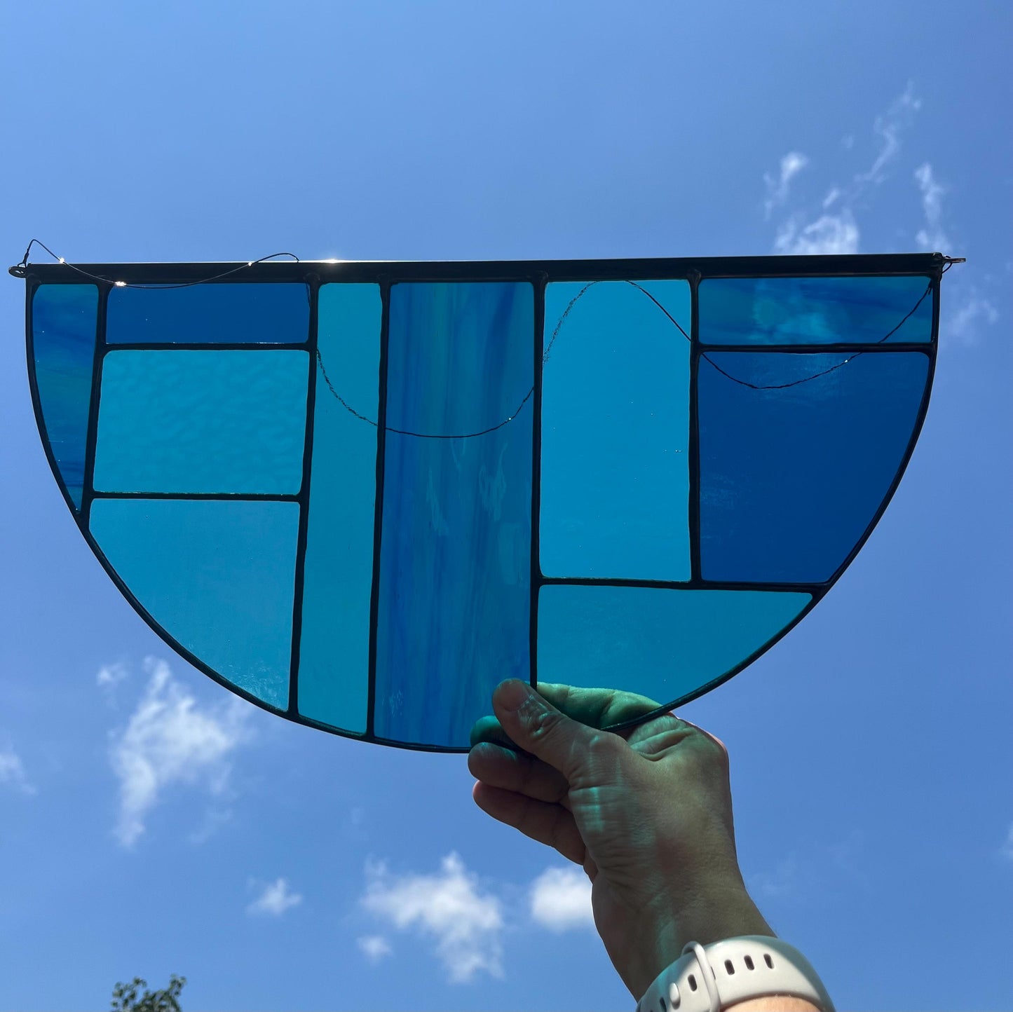 Stained Glass Geometric semicircle panel - Blues and Aqua
